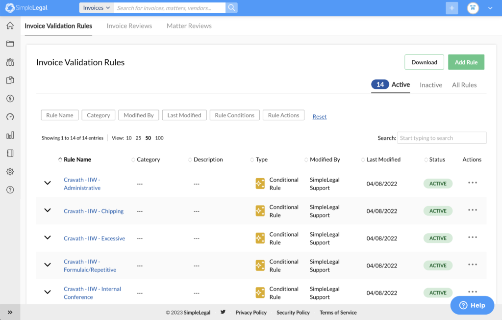 Invoice Validation Rules dashboard