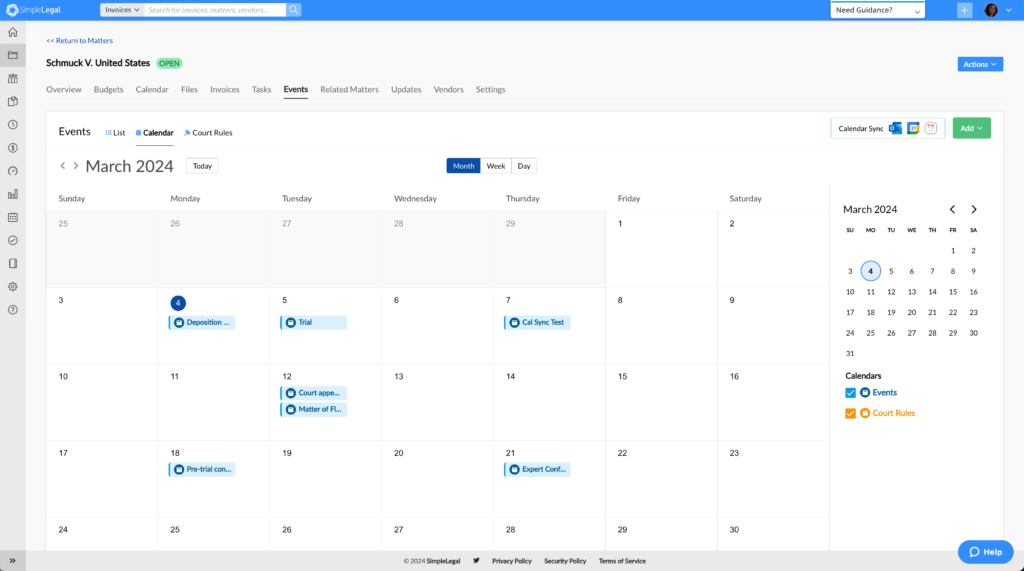 A calendar view of SimpleLegal's event management platform.