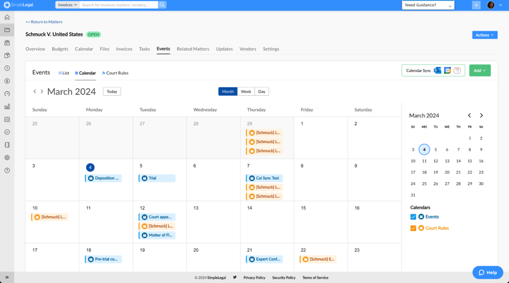 Viewing events and court rules in a simple calendar view in SimpleLegal's matter management platform.